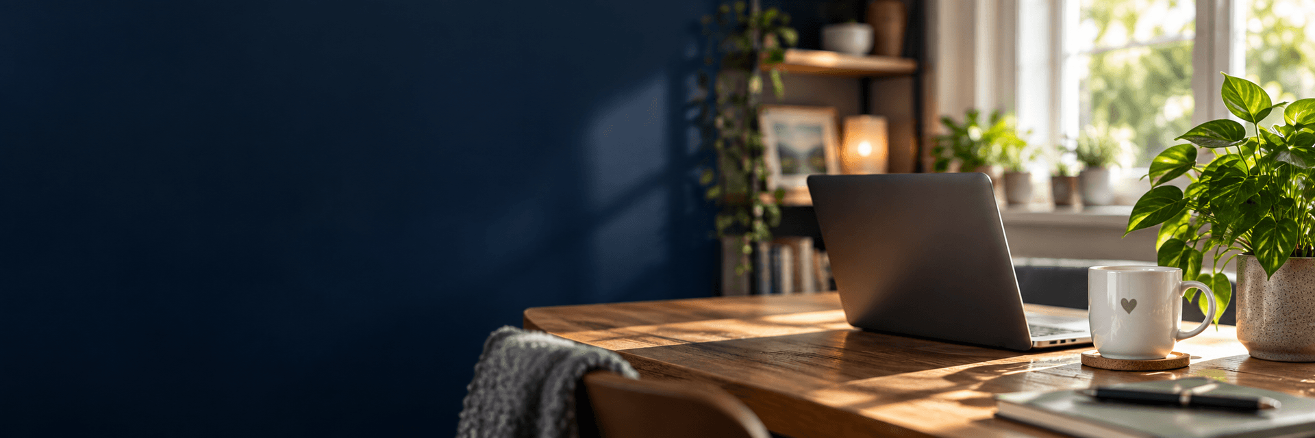 A laptop, mug and plant in a comfortable sunlit home workspace